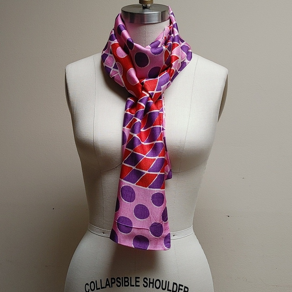 Vintage Sash Scarf Wrap in Circle Diamond Square Print Pink Purple Orange White - Picture 16 of 16